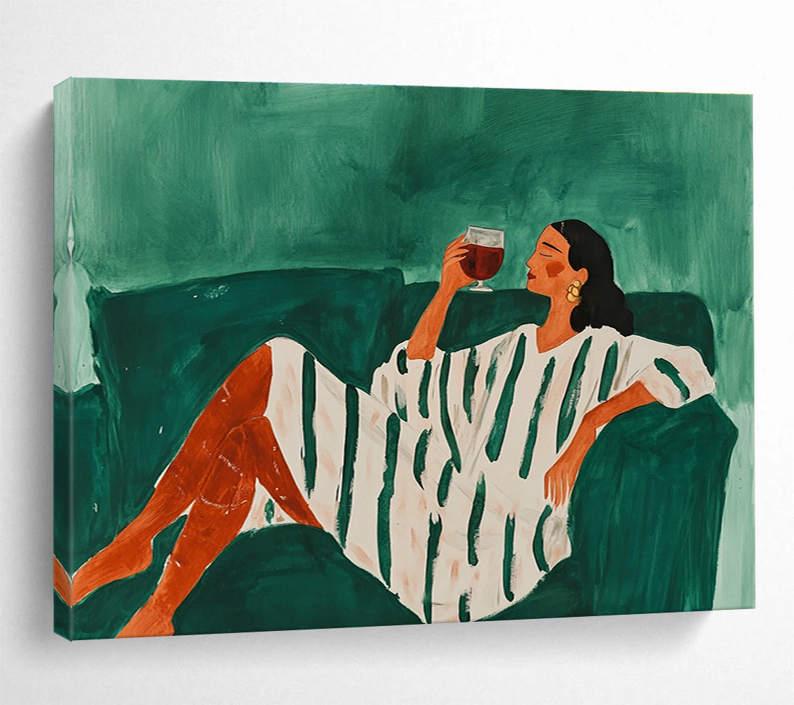 Relaxed Woman on Sofa Abstract Painting with Green and White Tones DYP582