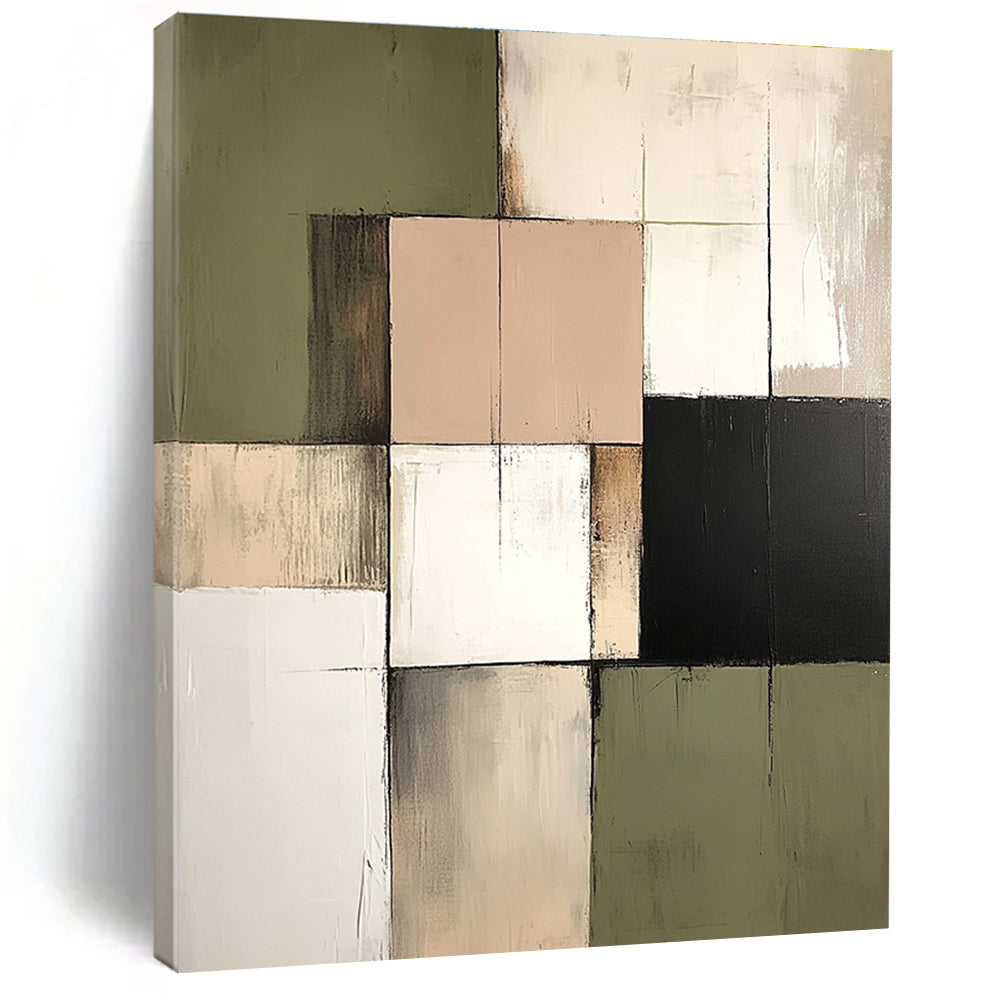 Large abstract painting in neutral tones of cream sage green and muted pink reflecting an architectural landscape feel.STSC765