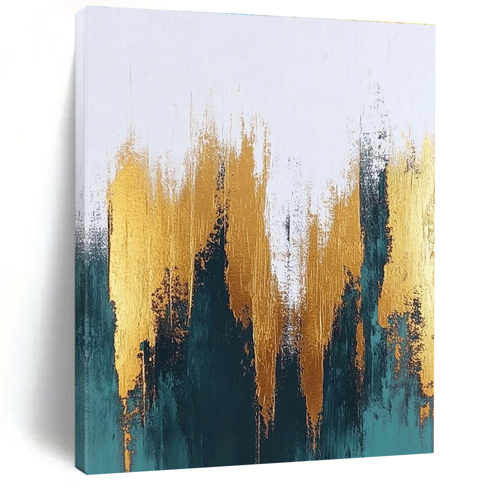 Large abstract painting featuring textured gold and teal brush strokes on a white background perfect for contemporary sophisticated decor.STSC062