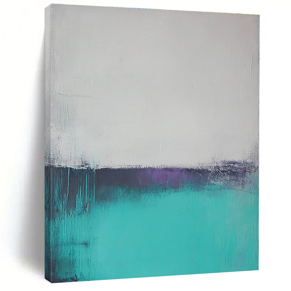Large abstract oil painting of a misty teal and gray ocean with muted colors and low contrast, creating a serene atmosphere.STSC590