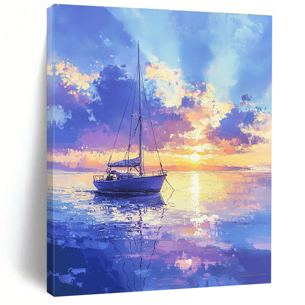 An abstract painting showcasing a beautiful sailboat on a calm sea with pastel hues under a gentle golden hour sky.STSC899