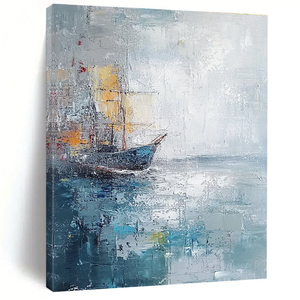 Large abstract painting with muted gray and blue tones featuring a distant ship at sea created with palette knife oil on textured canvas.STSC120