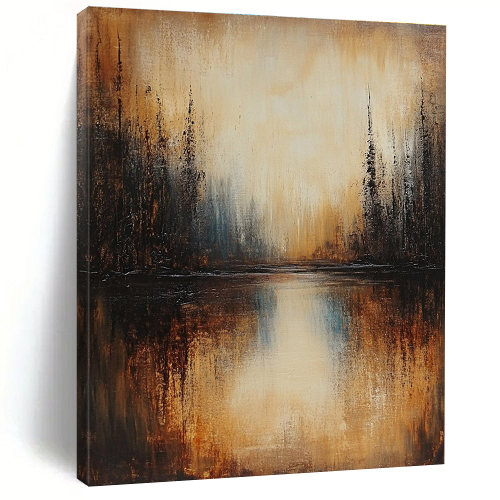 Large abstract painting of a lake with dark beige trees in brown and grey tones under low lighting creating a serene atmosphere.STSC168