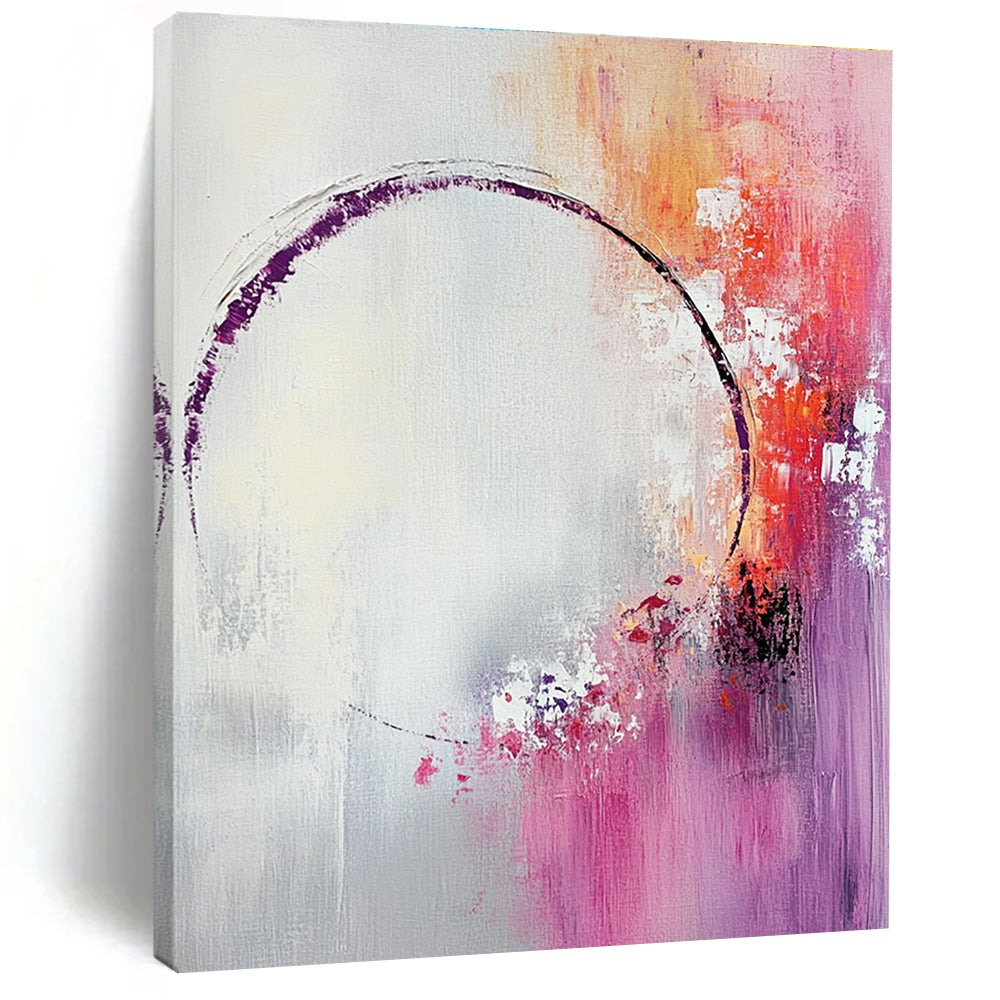 Large abstract painting featuring light pink and white shapes with a soft gray background and tranquil accents of purple and red.STSC429