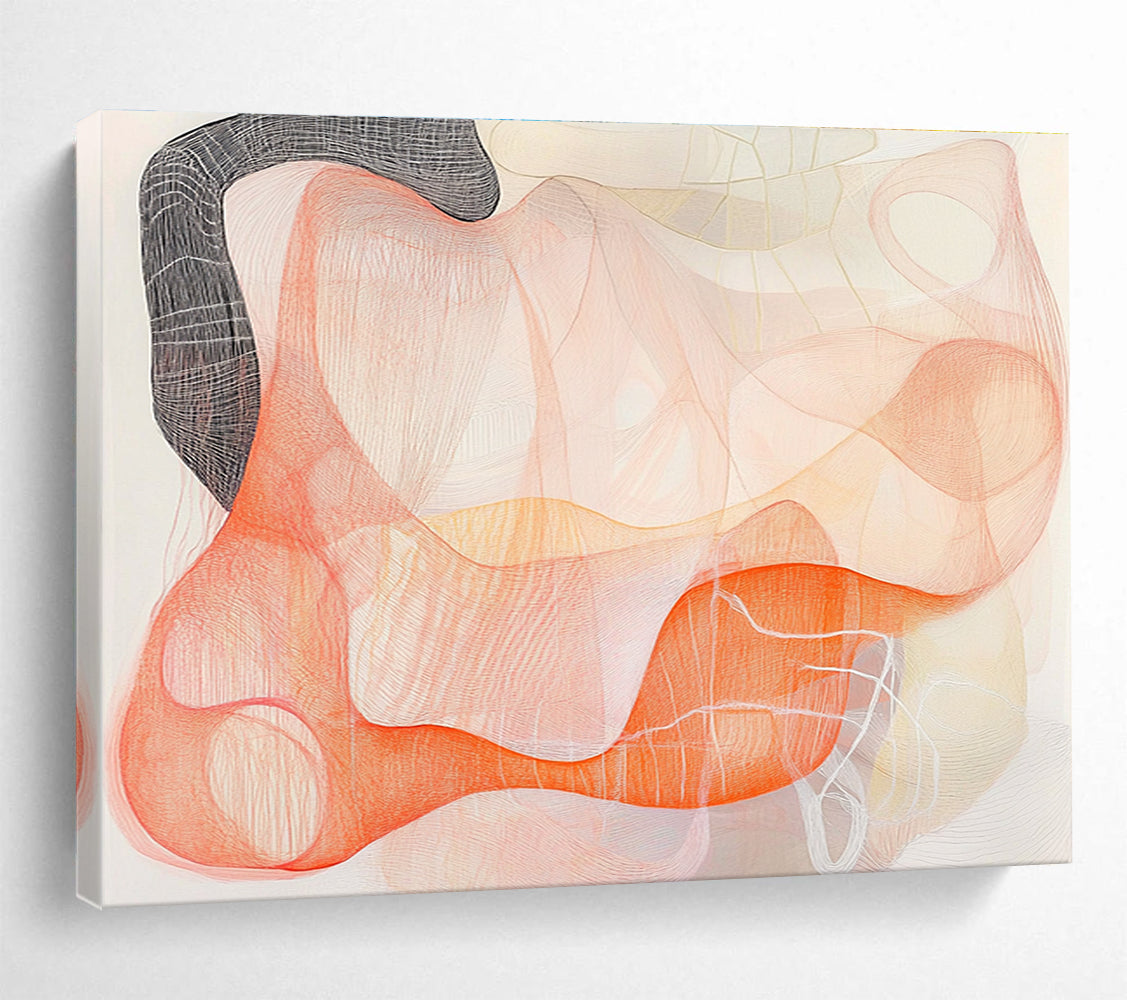 Large abstract artwork featuring delicate orange and pink threads with a black ink outline suggesting women's forms against a white background, evoking calm and elegance.SC304