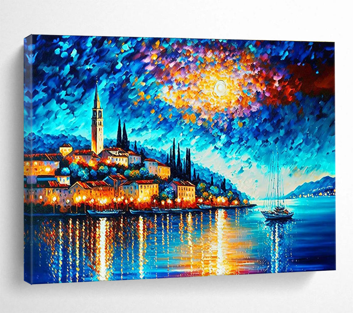 Moonlit Harbor Abstract Painting with Deep Blues and Warm Glows THY300