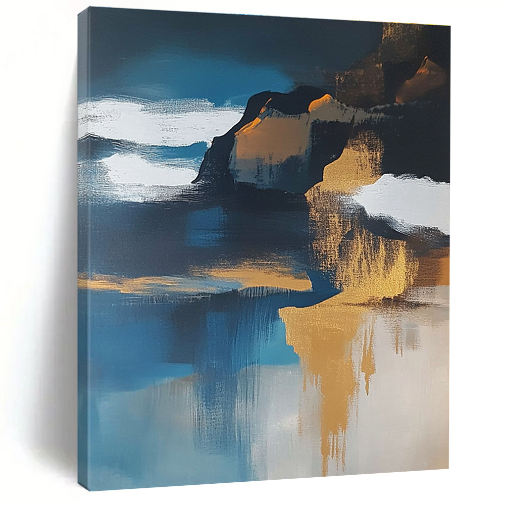 Large abstract painting of an island featuring navy blue water white clouds brown sand and gold leafing exuding a sense of calmness.STSC651