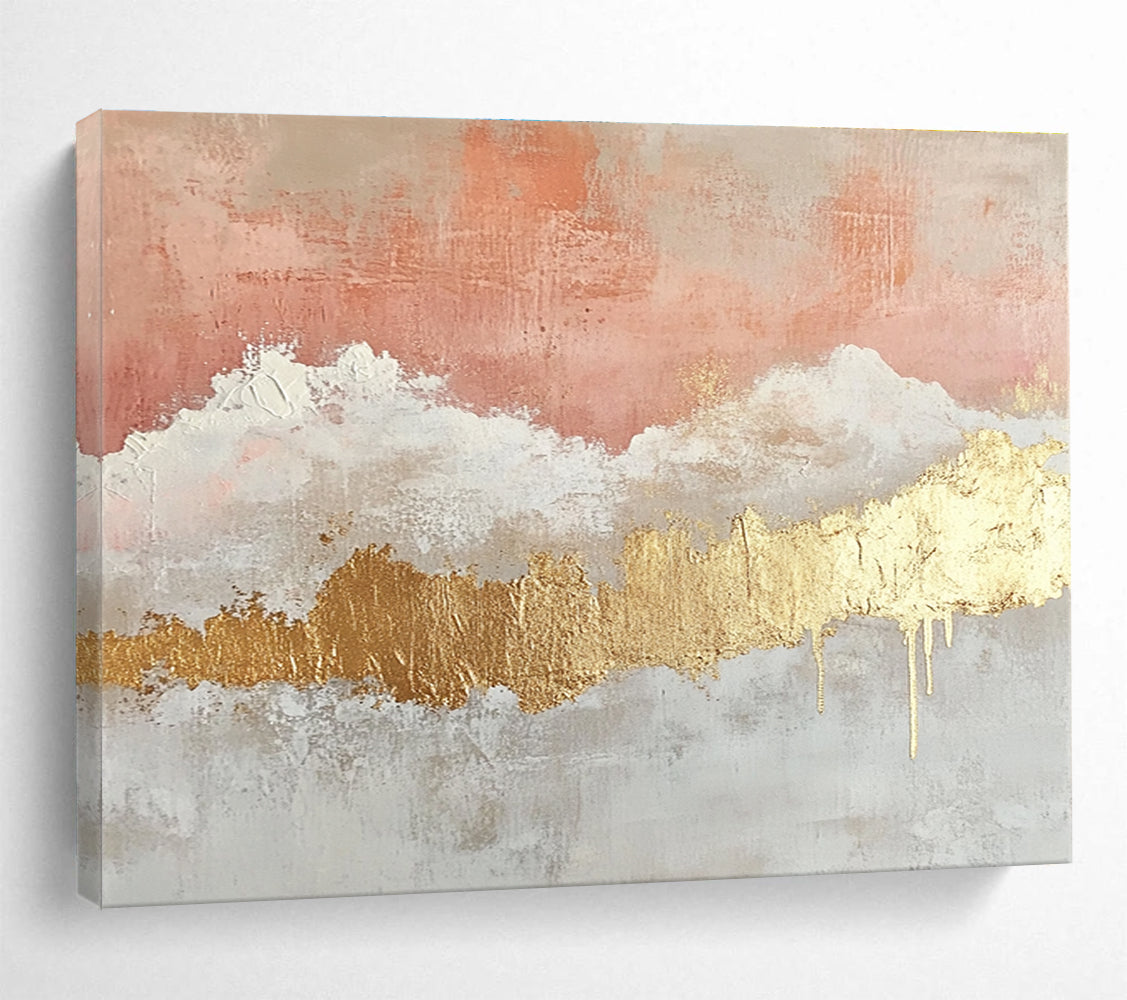 Large abstract painting featuring gold foil light pink and white clouds beige watercolor thin lines and gold leafing on canvas.SC236