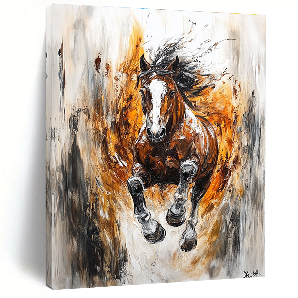 Large abstract painting featuring a wild horse in motion with dynamic colors and strong contrasts embodying speed and freedom.STSC1368