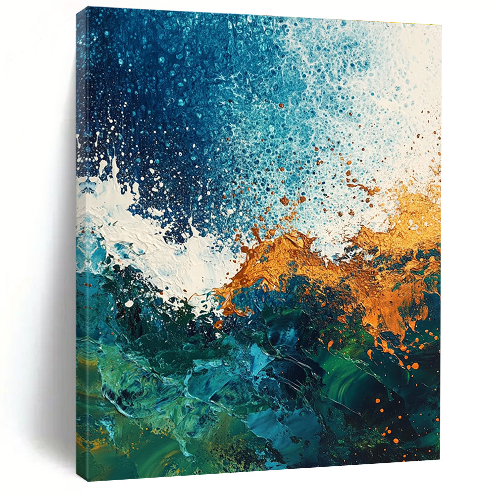 Large abstract painting of ocean waves featuring a textured mix of blues greens and rust colors against a dark blue white green and brown background.STSC324