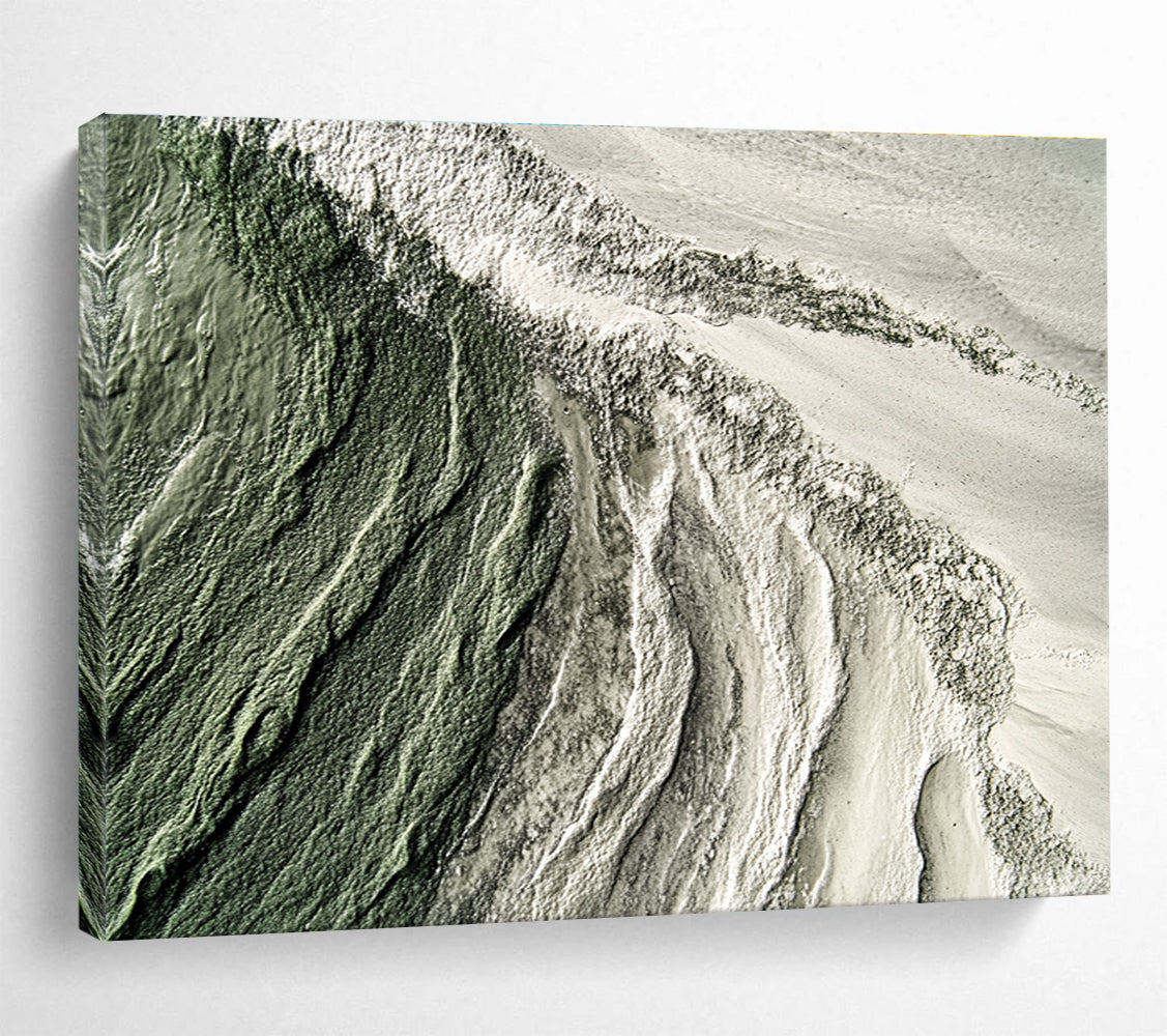 Large abstract painting showcasing hyper-realistic textures of sand, sea, and moss-green and grey hues for a captivating artistic experience.SC577