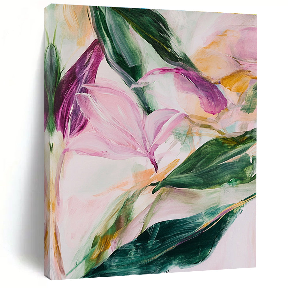 Large abstract painting featuring soft pink and green leaves and flowers with thick brush strokes and a loose style.STSC315