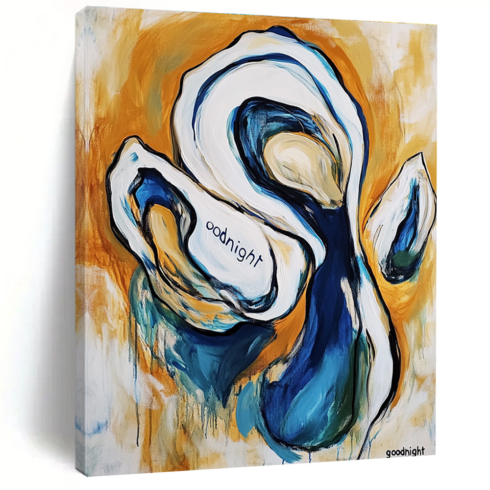Large abstract painting of an oyster featuring the word goodnight in white and blue warm colors thick brush strokes and joyful scenes of dogs.STSC272