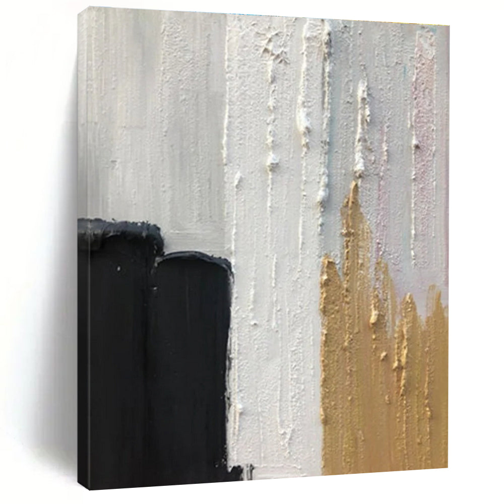 Black, White, and Gold Textured Abstract Painting with Elegant Accents ADGE397