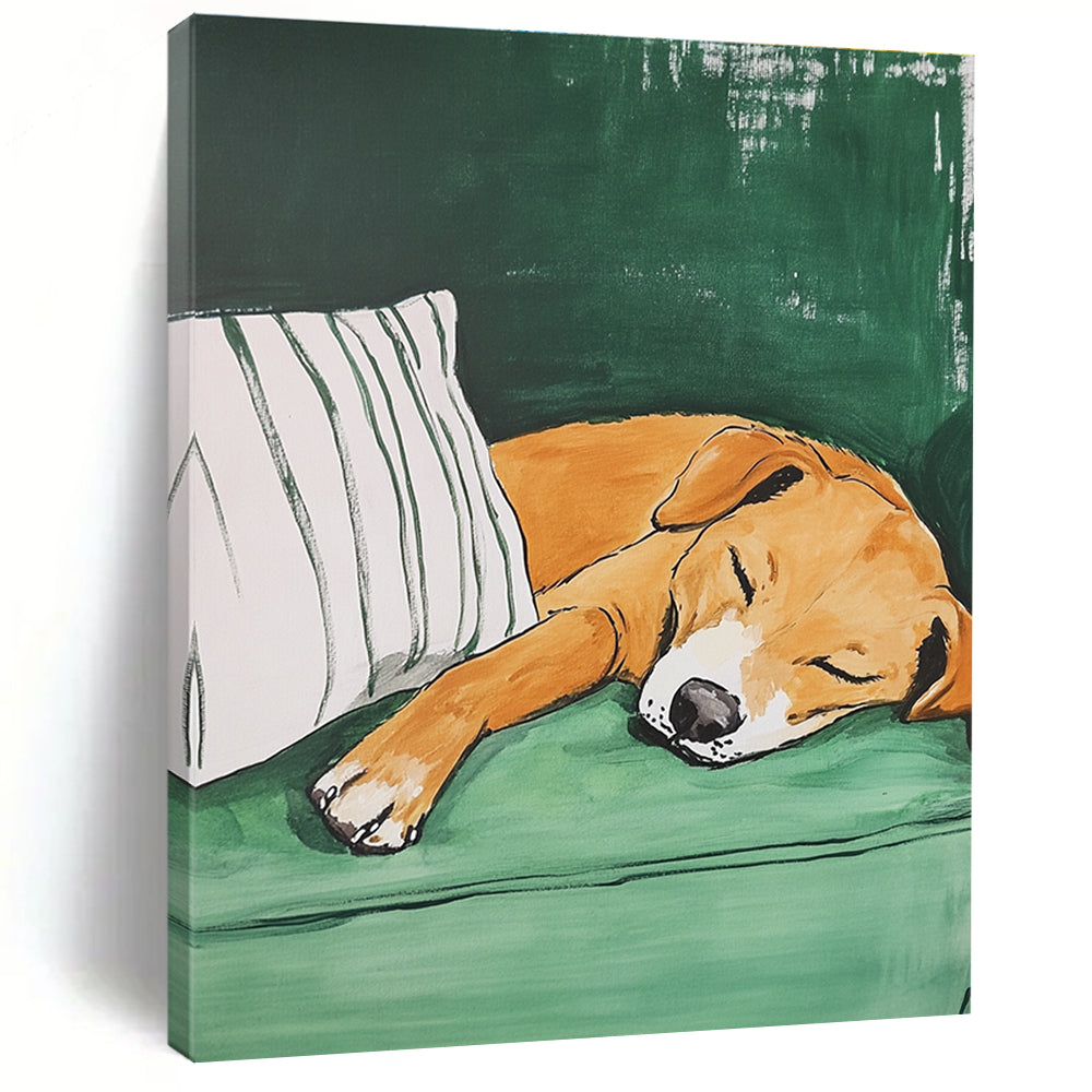A large abstract painting featuring an amber dog sleeping on a green couch with a striped pillow showcasing visible brush strokes and textured effects.STSC1188