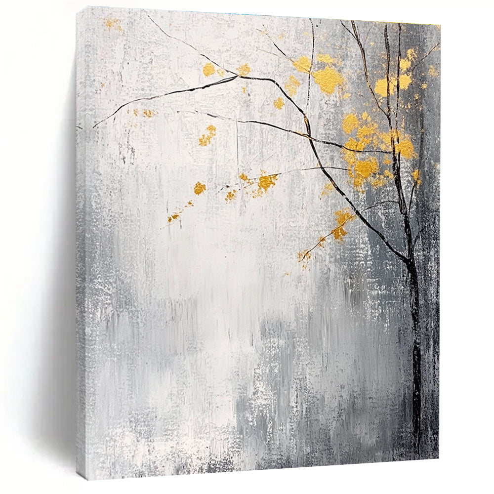Large abstract painting with gray and white background yellow accents and delicate gold leaves creating a tranquil and mysterious atmosphere.STSC395