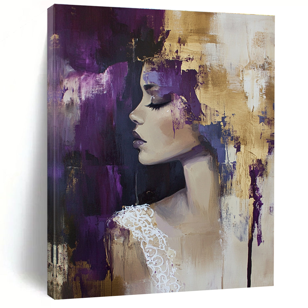 Abstract oil painting featuring a woman in a Hunkemöller lace top with gold accents against a dark gold foil background in beige and purple hues.STSC177