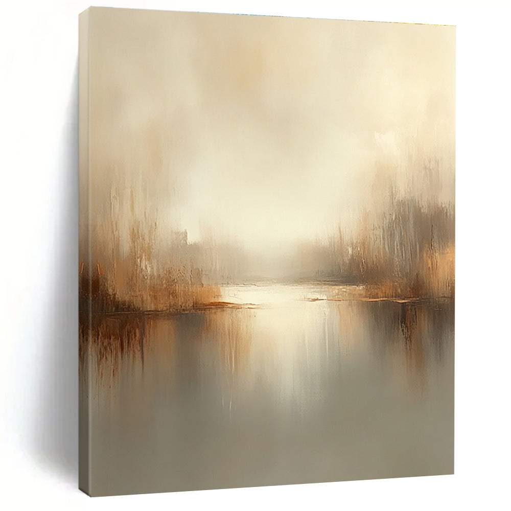 Large abstract painting in soft beige and gray tones with blurred edges and tranquil mood creates a serene atmosphere for modern art lovers.STSC102