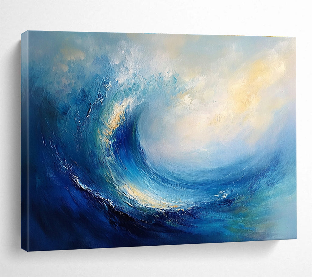 Large abstract oil painting of an ocean wave featuring blue and teal colors with thick brush strokes and white clouds in the background.SC108