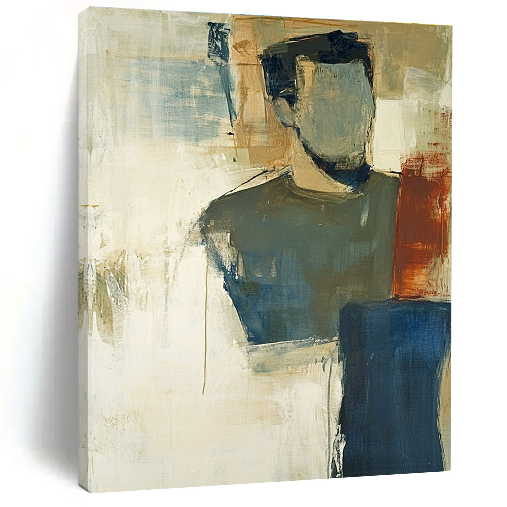 A large abstract painting in earth tones and soft blue with thick impasto strokes and blurred edges showcasing tonalism.STSC624