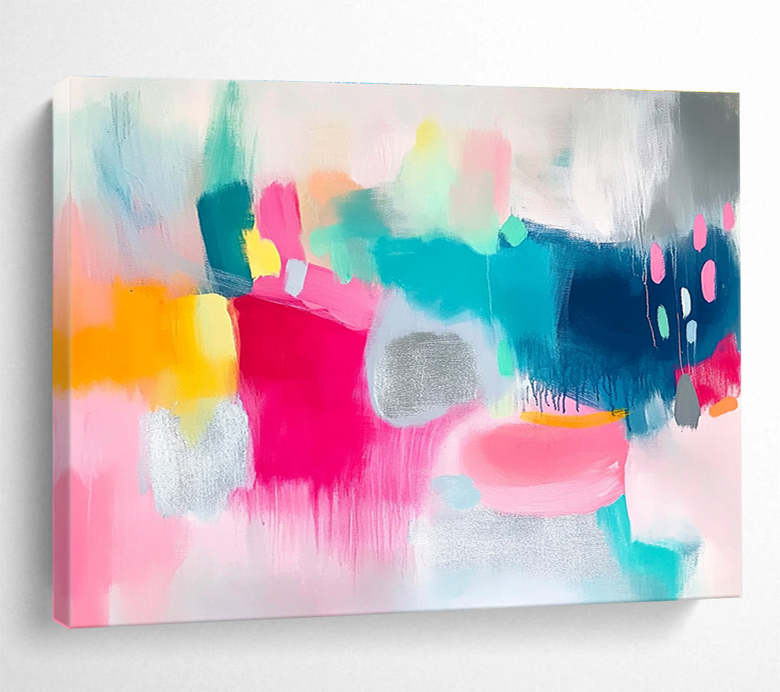 Large abstract painting featuring vibrant pink and teal shapes on a white background with bold brush strokes and shimmering silver foil accents.SC215