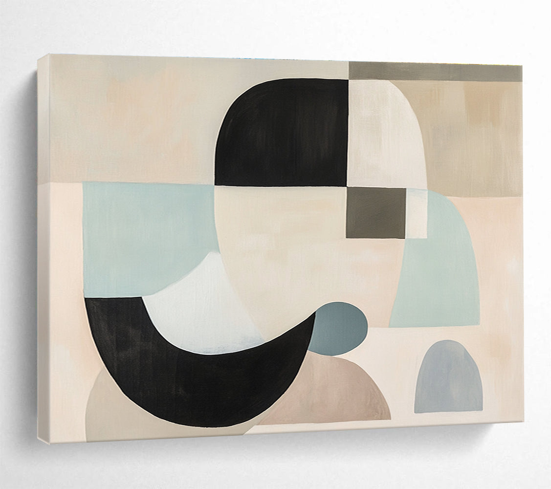 Large abstract painting with white, black, and grey shapes in soft pastel colors featuring geometric forms and a neutral beige background.SC510
