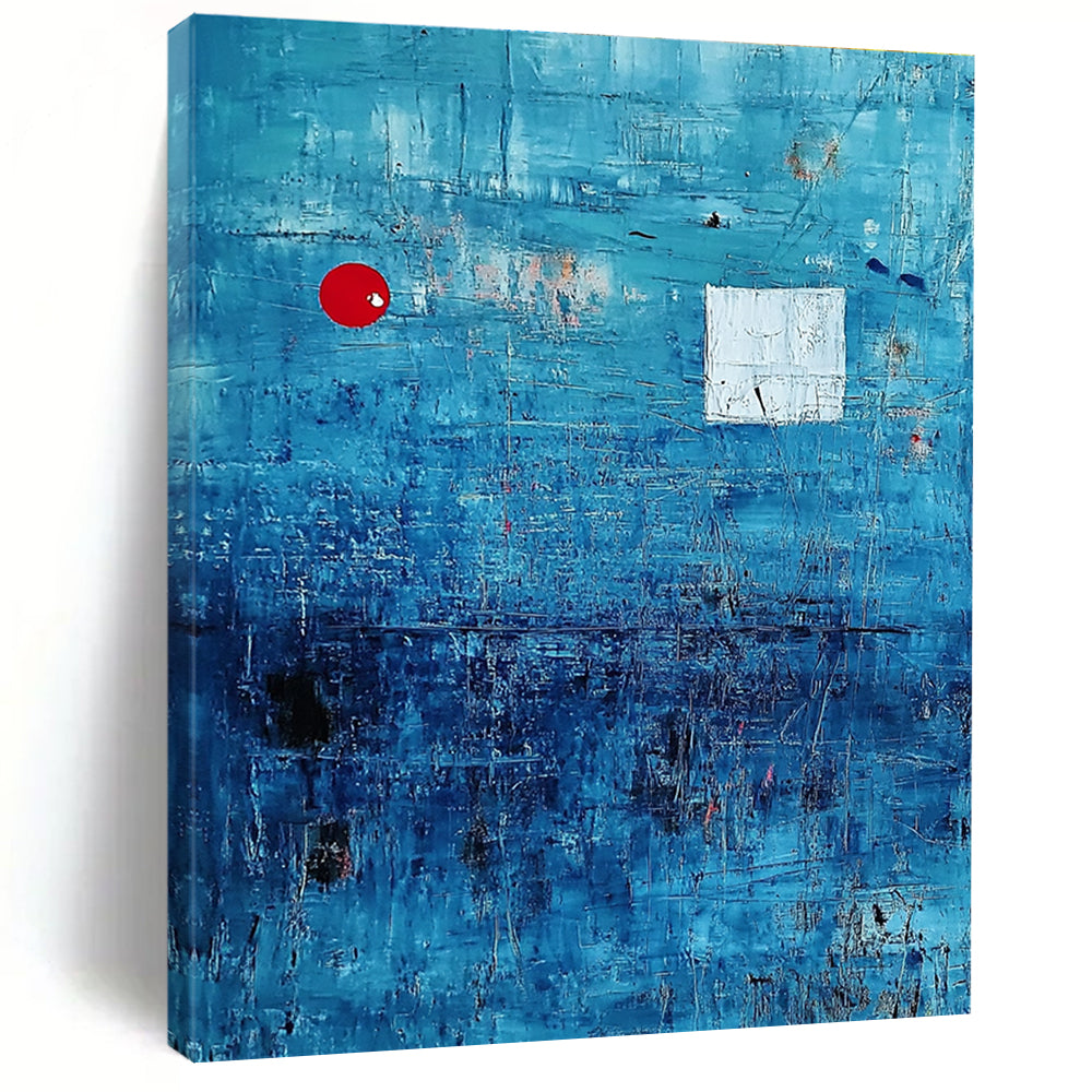Large abstract painting featuring a serene blue ocean with textured brush strokes and dynamic black lines, accented by a small red circle and white squares.STSC041