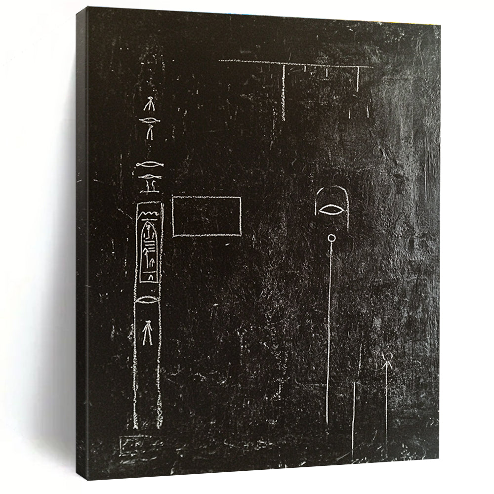 A large abstract painting featuring a black wall adorned with white chalk drawings of ancient Egyptian symbols and writing in high contrast.STSC918