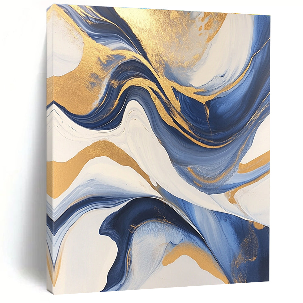Large Abstract Painting with gold leafing flowing lines fluid acrylics blue black gray and white swirling patterns marbleized surfaces.STSC031