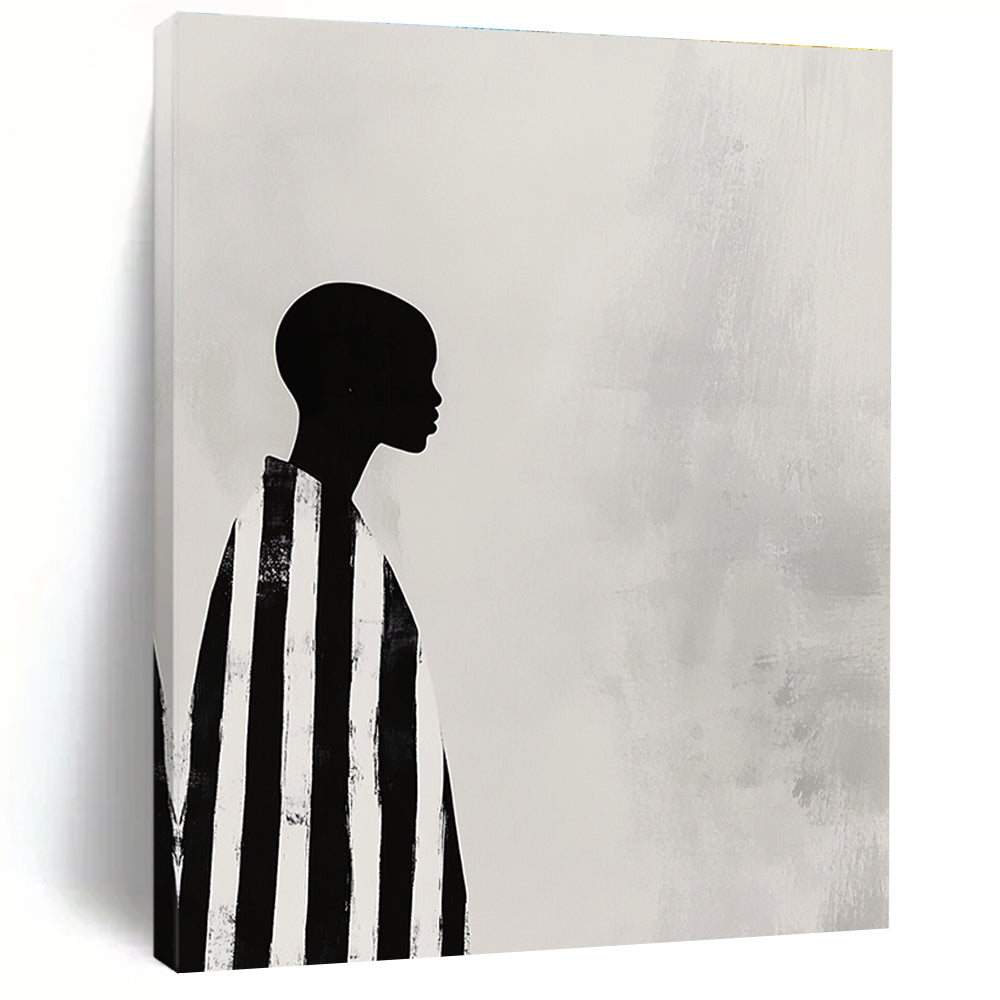 A large abstract painting featuring a striking black and white profile of an African woman in striped robes against a soft gray background.STSC1079
