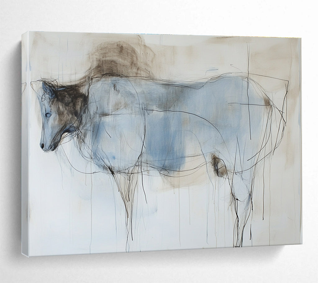 Large abstract painting of an animal's body featuring thin lines and washes in subtle pastel colors of light blue and dark brown on a white background.SC153