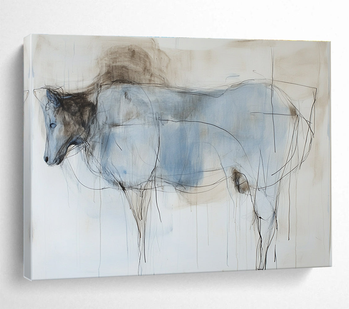 Large abstract painting of an animal's body featuring thin lines and washes in subtle pastel colors of light blue and dark brown on a white background.SC153