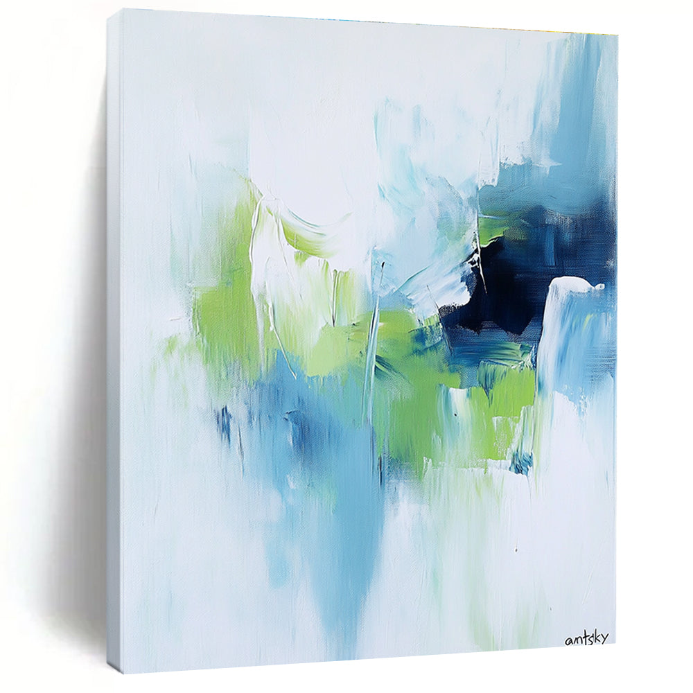 Large abstract painting featuring white blue and green tones with antsky in the lower right corner.STSC826