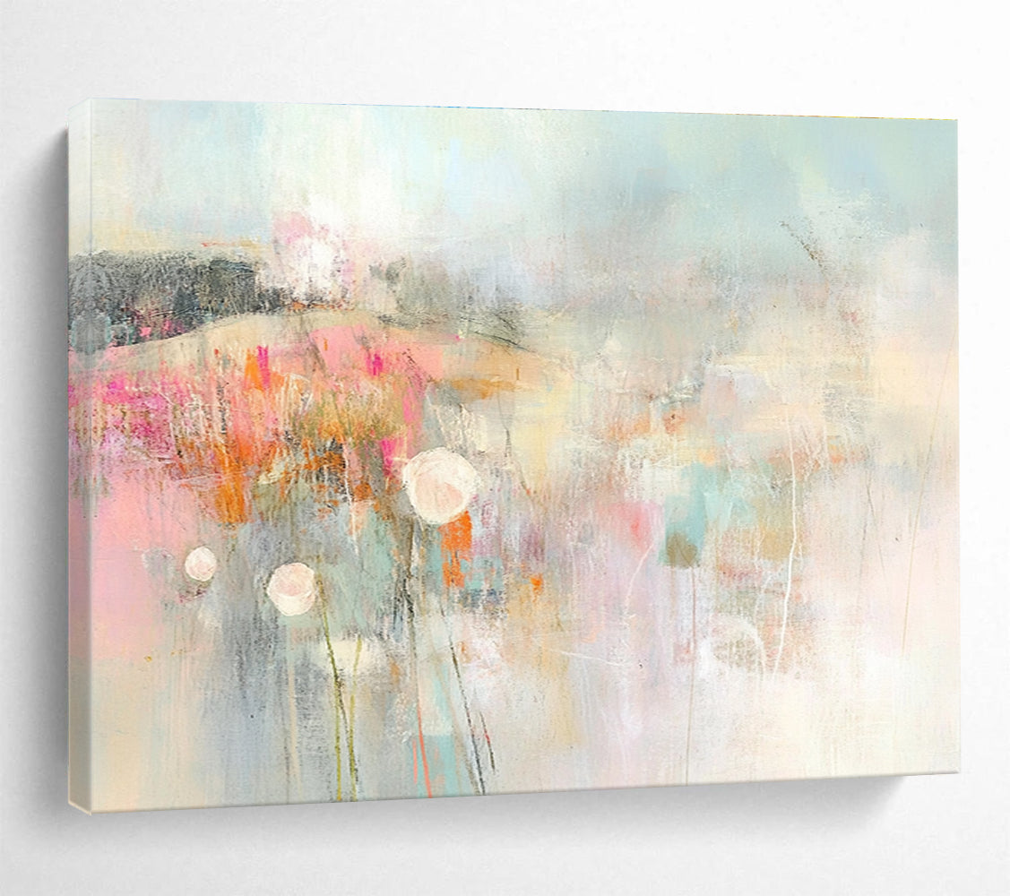 An abstract expressionist painting of the English countryside featuring muted pastel colors soft brush strokes and blurred edges.SC310