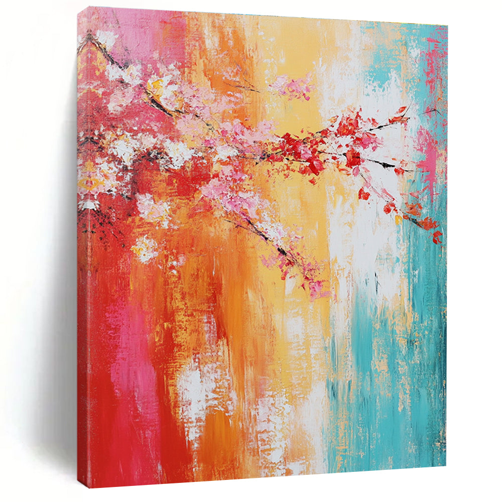 Large abstract painting on textured canvas showcasing vibrant warm colors and soft brush strokes for emotional expressionism.STSC373