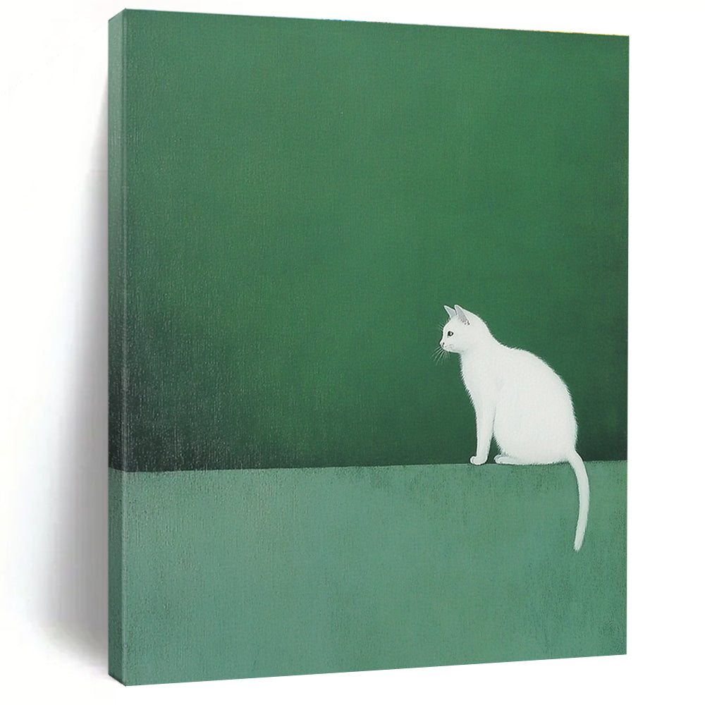 An abstract painting featuring a white cat on a green backdrop in minimalist style with ultra-fine details and matte texture.STSC1249