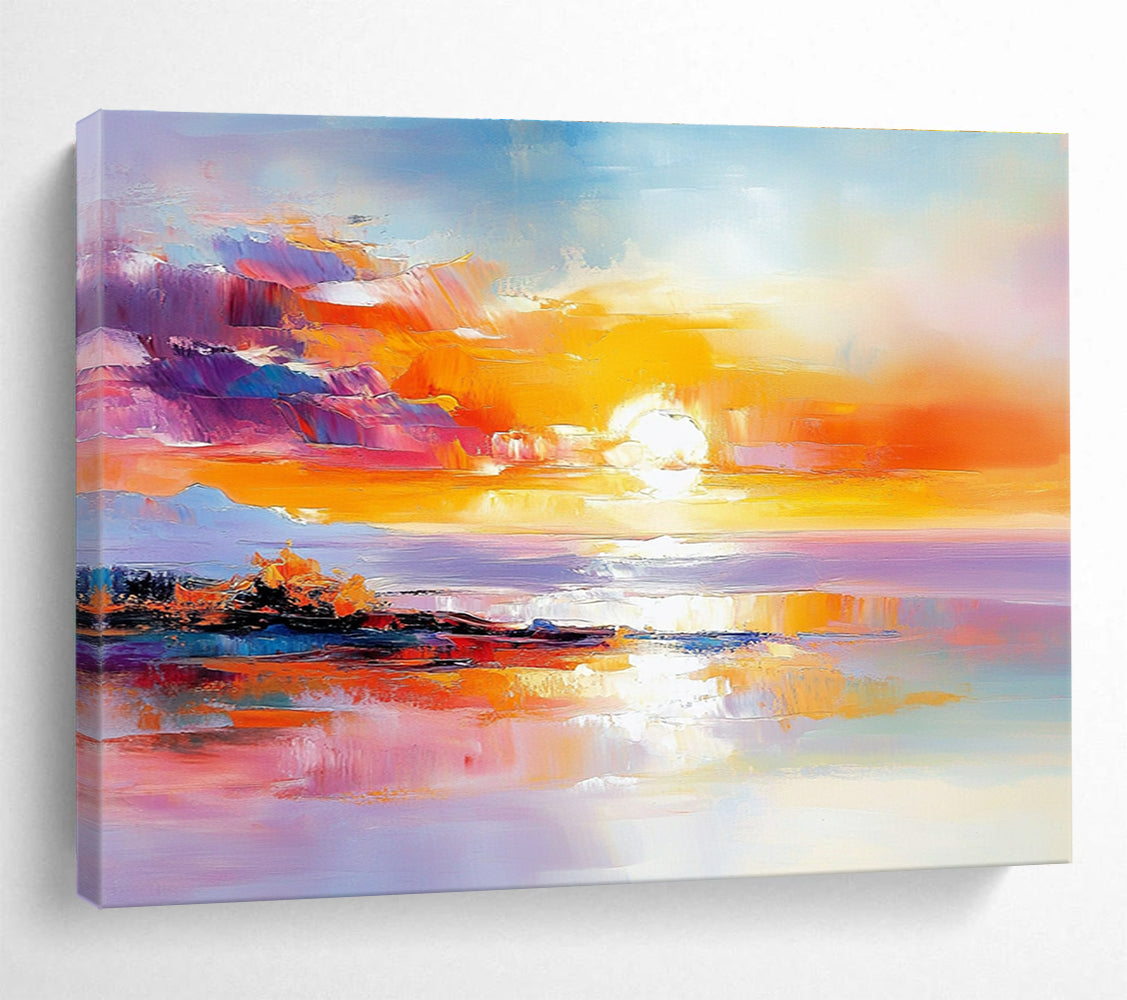 A large abstract painting featuring a stunning sunset with warm colors reflecting on water and a distant island, evoking tranquility and calmness.SC422