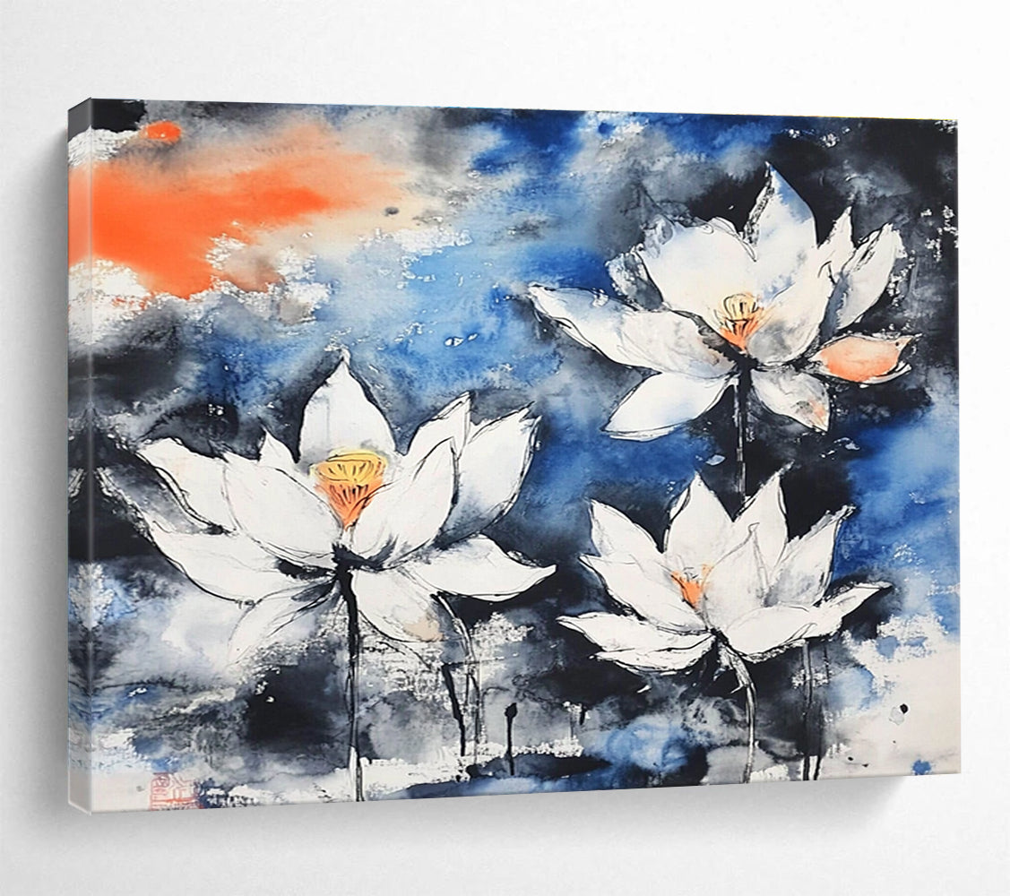 Ink - Wash Lotus Flowers Abstract Painting with Blue Black and White Tones DYP580