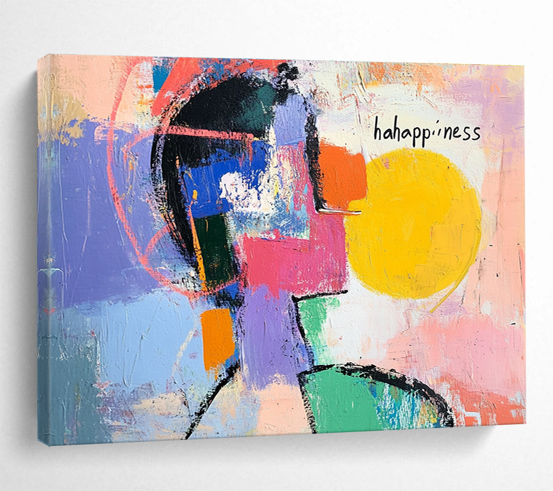 Large abstract painting showcasing vibrant colors with a bright circle silhouette and expressive lines conveying movement and emotion, featuring happiness in white ink.SC359