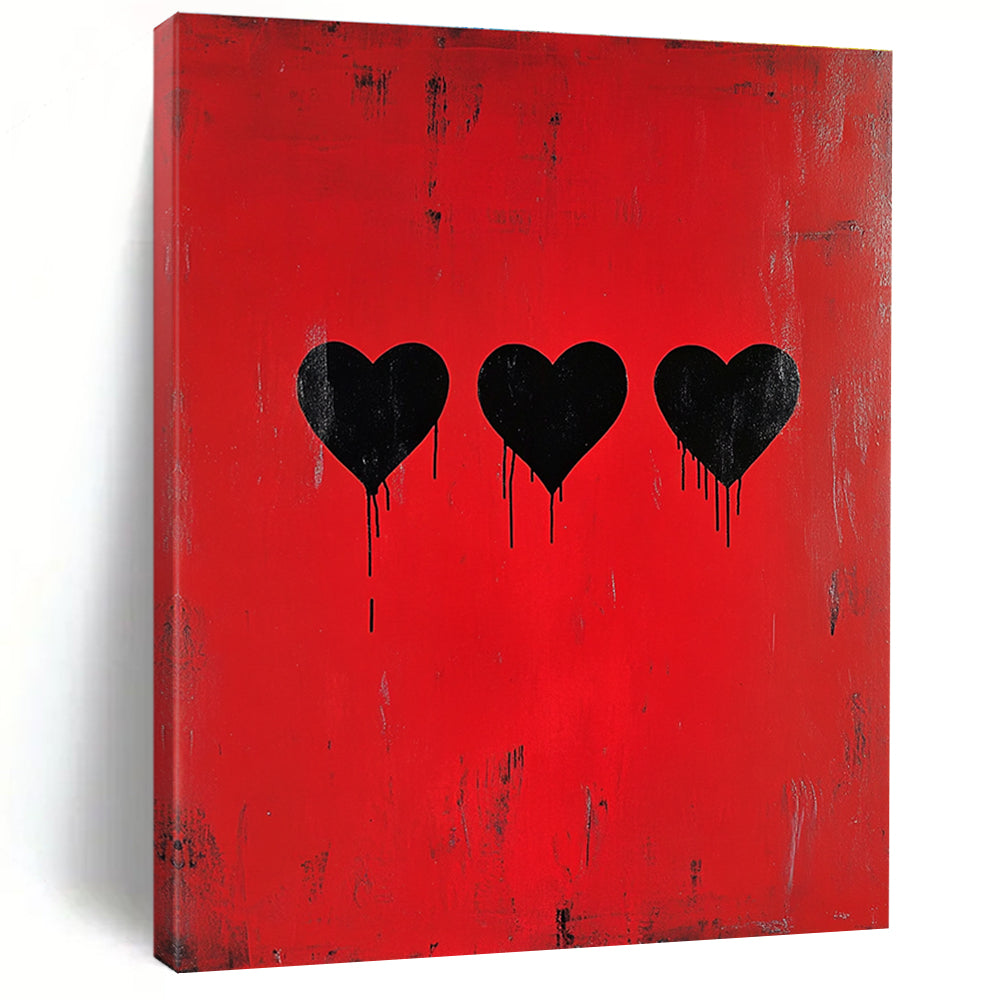 A large abstract painting featuring three black hearts on a red background inspired by Banksy’s minimalistic style.STSC1442