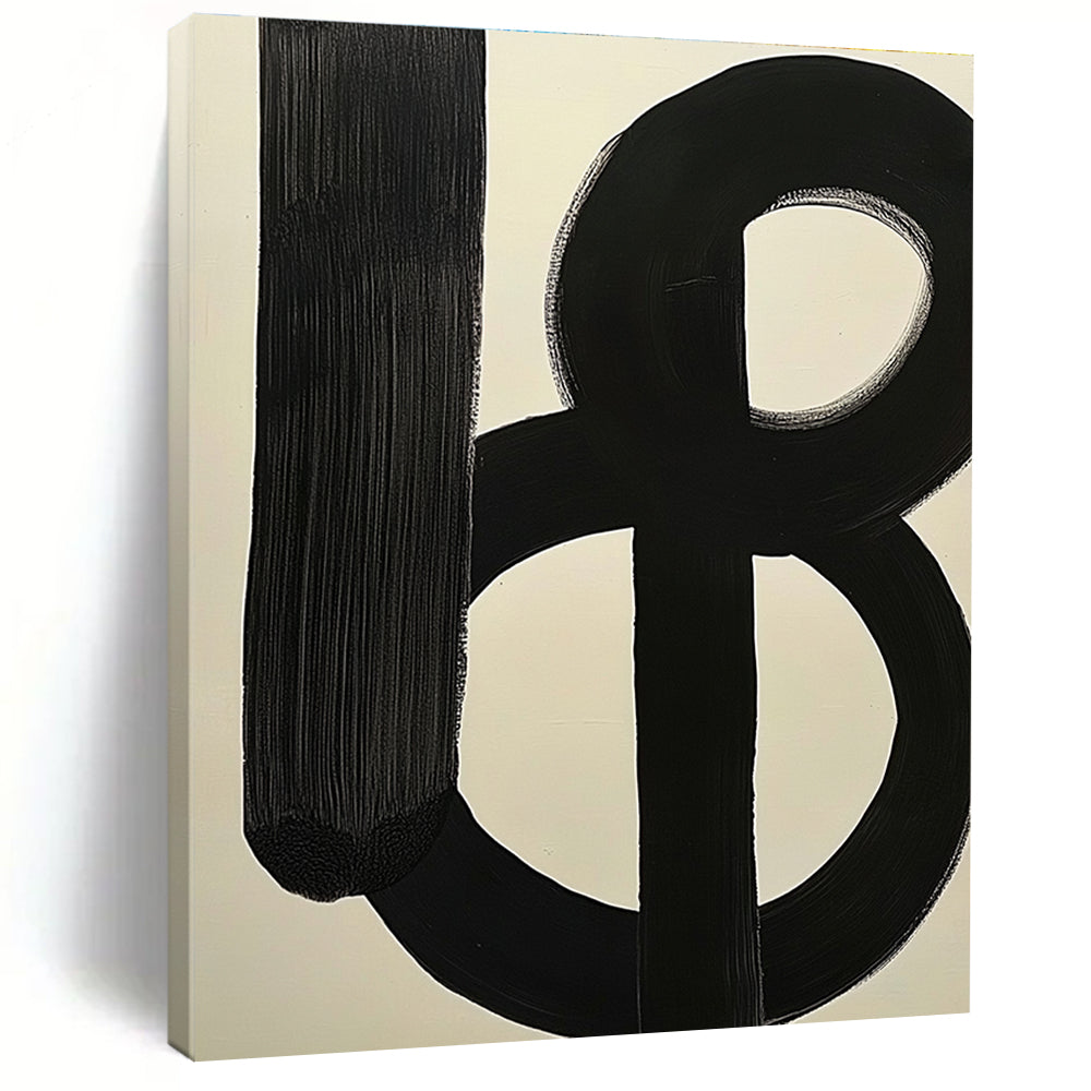 Large abstract painting featuring simple black and white shapes inspired by Jackson Pollock's style.STSC378