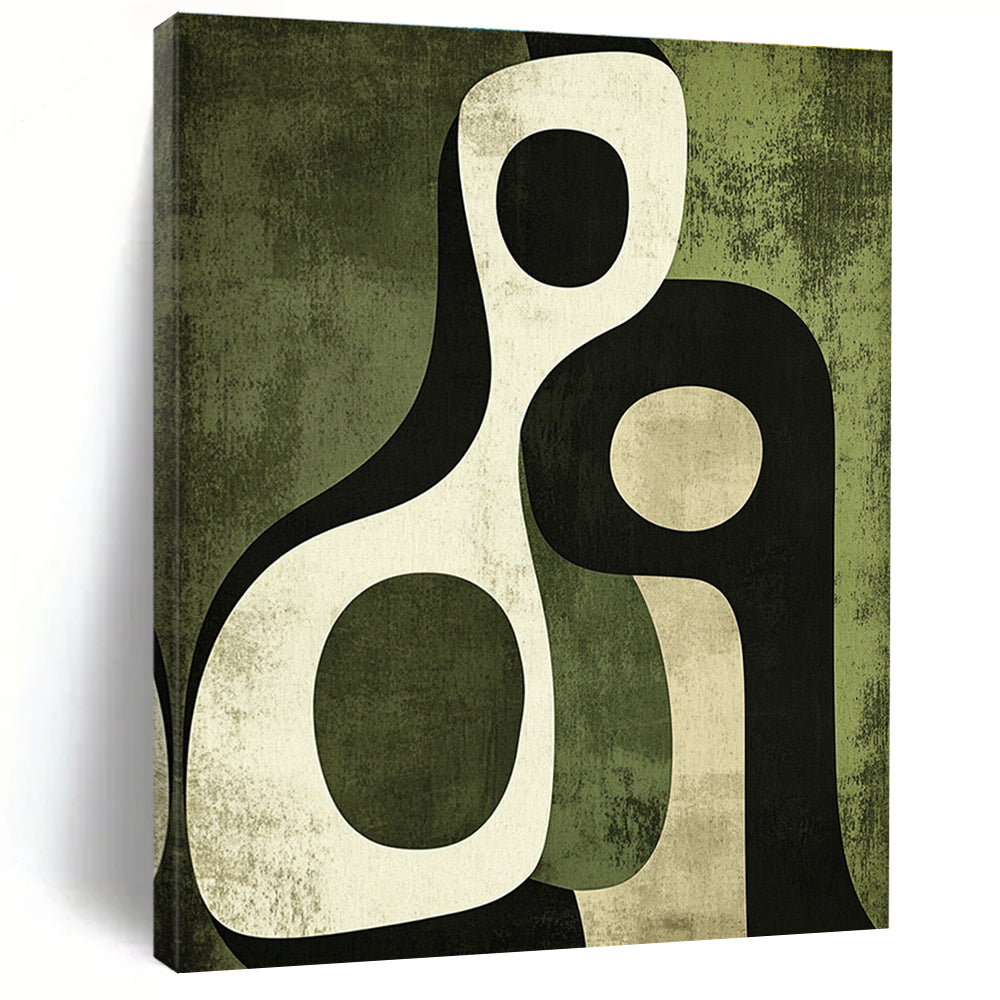 Abstract art piece featuring interlocking arches in olive green and black with soft edges and organic forms in warm and cool tones.STSC476