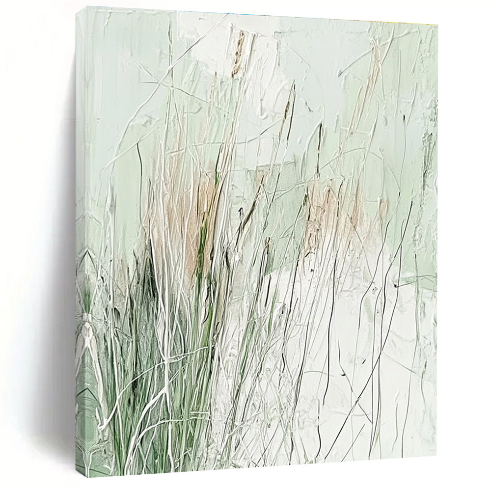 Abstract painting featuring light green and white, layered with delicate lines and wild grasses for a serene nature-inspired aesthetic.STSC939