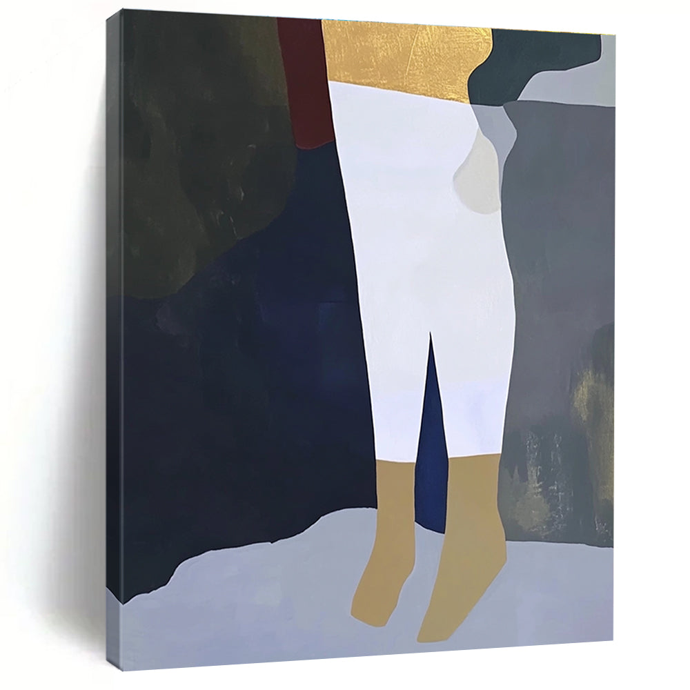 A large abstract painting featuring a close-up of a leg in white trousers and gold socks on a dark grey background in soft colors.STSC960