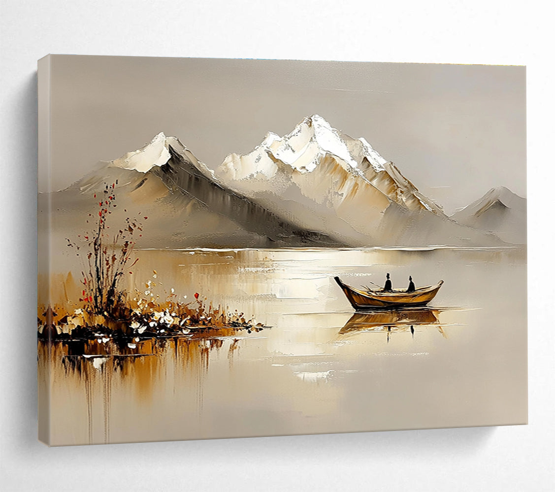 Abstract oil painting with textured palette knife depicting serene lake mountains ancient boats and blooming wildflowers in warm gray hues.SC608