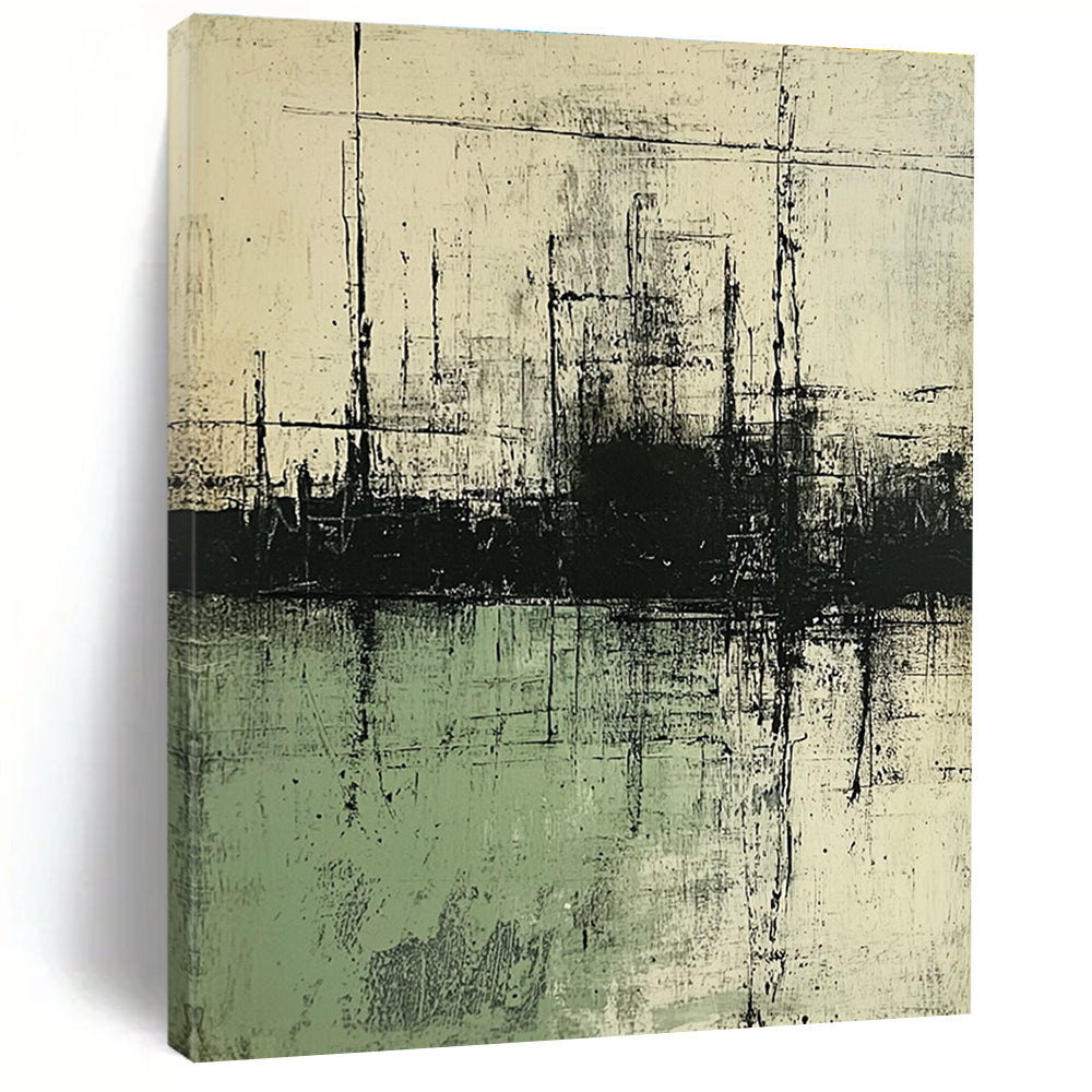Large abstract painting featuring neutral tones of green and gray with water elements inspired by multiple renowned artists.STSC139