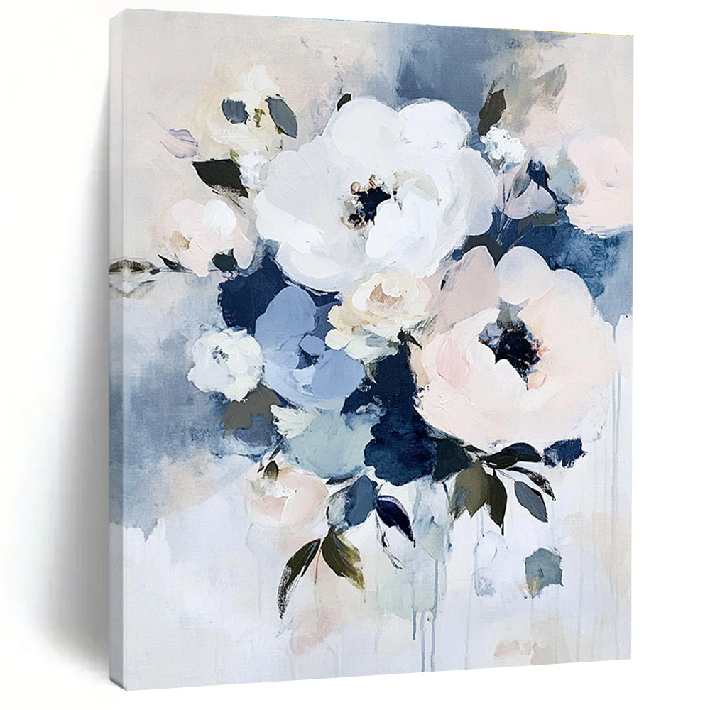 Large abstract floral painting in soft shades of white blue pink and green evokes tranquility and romance with an elegant bouquet composition.STSC054