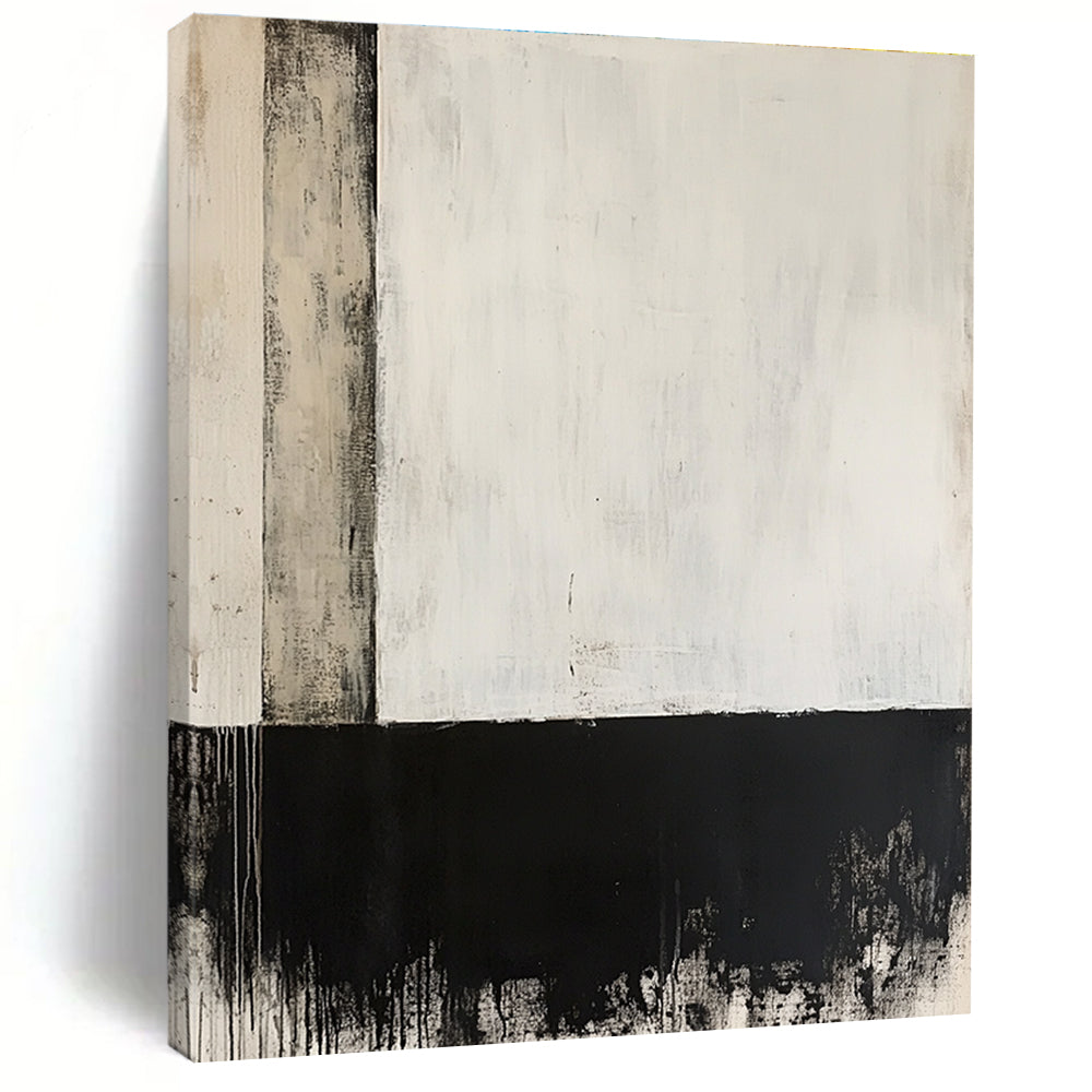Large abstract painting in black and white features a single vertical line with gray and darker blocks below on an off-white background.STSC235