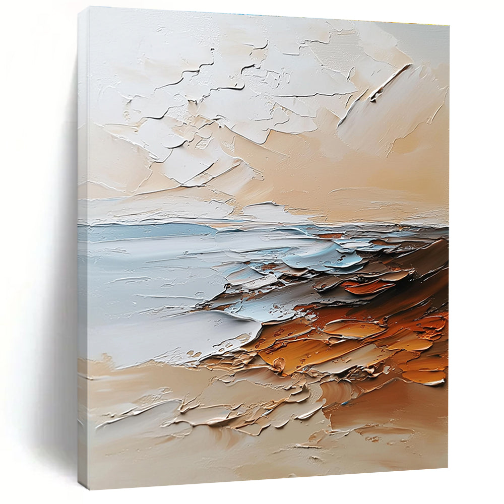 Large abstract painting in beige and white tones featuring textured brushstrokes with light orange brown and gray colors and soft edges.STSC096