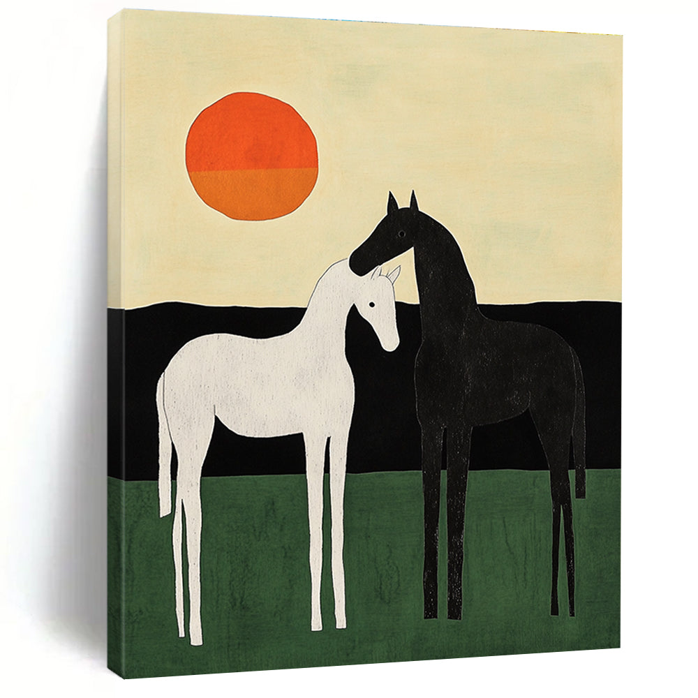 An abstract painting featuring two minimalist horses in black and white against a green field and colorful sky with an orange sun.STSC1329